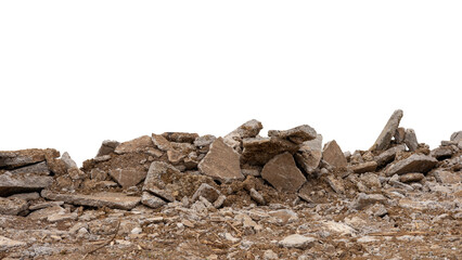 Close-up low angle view isolate of concrete debris, removed from road demolition and dumped on the ground, commonly seen in rural Thai road construction.