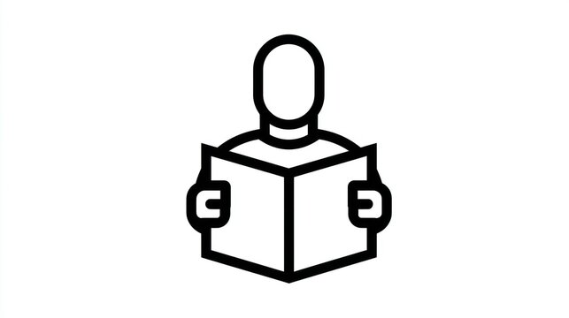 Minimalist icon of a person holding an open book, outlined in black on a white background