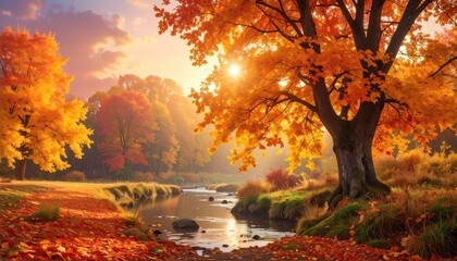 Autumnal sunrise over a serene river.  Vibrant fall foliage blankets the landscape
