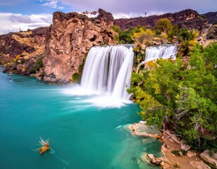 Turquoise waterfall cascading into a calm river, surrounded by dramatic reddish-brown rock formations and foliage