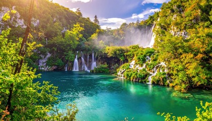 Lush waterfalls cascade into a tranquil lake, surrounded by vibrant green forests