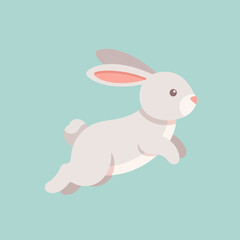 Illustration of a gray rabbit jumping on a light blue background.