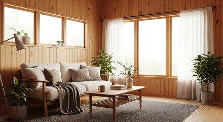 Cozy interior in light wood tones with sofa, plants, and natural light