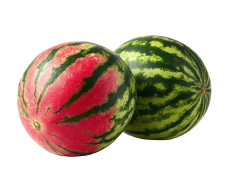 Two watermelons, one showing vibrant pink rind, the other with green stripes, on a black background