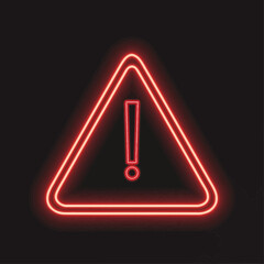 Red neon warning sign with exclamation point on black background. © Ainul