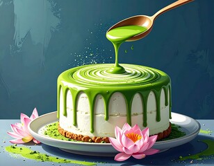 Matcha cake with dripping green glaze