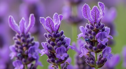 Obraz premium Close up of lavender flowers with dew drops on petals and soft, blurred background. Concept for aromatherapy session, herbal medicine and natural cosmetics ingredient