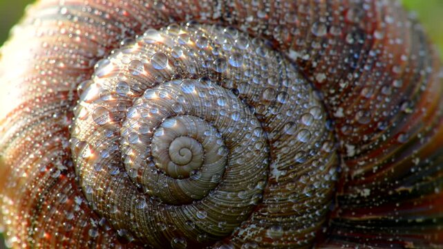 Snail shell with a spiral pattern and water droplets.