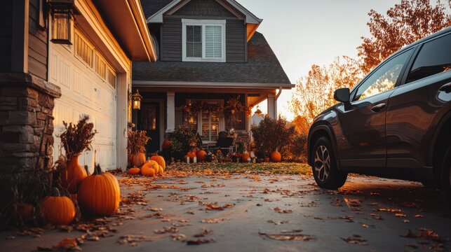 Front yard decorated with pumpkins and autumn leaves at sunset with parked car perfect for Thanksgiving neighborhood visuals and seasonal lifestyle imagery