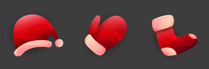 Christmas Santa Hat, Glove and Sock Illustration Set for Festive Holiday Decorations