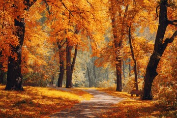 Fototapeta premium Golden foliage transforms autumn forest landscape into a vibrant tapestry of orange hues and peaceful pathways for those enjoying nature in a tranquil setting