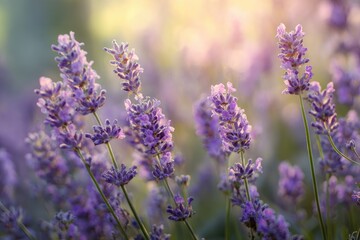 Obraz premium Close-up of vibrant purple flowers bathed in soft sunlight, creating a serene floral scene