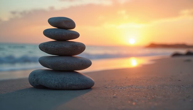 Stack of stones balances on sandy beach at sunset. Calm sea near balanced rocks. Zen concept reflects peaceful meditation wellness and harmony at seaside.