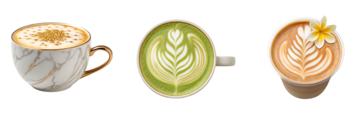 Marble cup matcha latte and floral coffee beverage