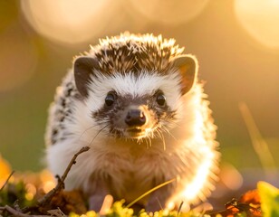 Front-facing spiky mammal basks in golden sunlight; portrait