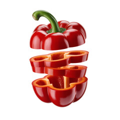 A red bell pepper sliced into horizontal layers on transparent background