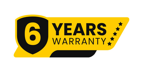 Modern 6 years warranty badge vector design in yellow and black with shield. Guarantee label icon logo for product packaging, advertisement, and marketing use