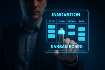 Businessman's finger touching a digital Kanban board displaying 'INNOVATION' and task statuses like 'TO DO', 'DOING', 'TESTING', and 'DONE'.