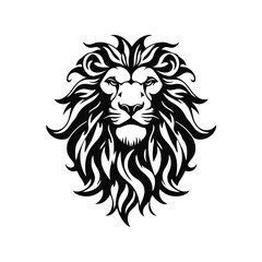 Lion head vector illustration, majestic animal face with detailed mane and strong expression, wild predator symbol, powerful wildlife design, black and white graphic art