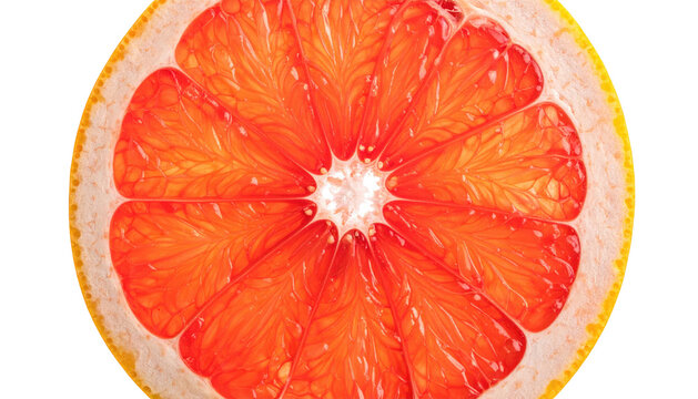 Close-up of a vibrant grapefruit slice, showcasing its radial segments and juicy texture on a black background - Powered by Adobe