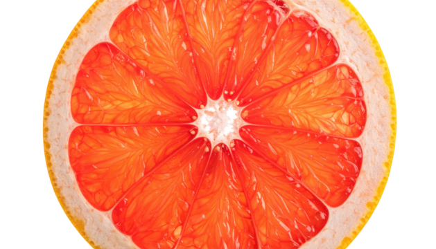Close-up of a vibrant grapefruit slice, showcasing its radial segments and juicy texture on a black background
