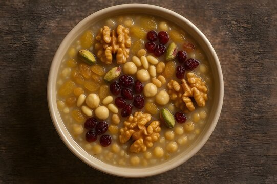 Traditional Turkish Ashure Dessert, Also Known as Noah's Pudding, Served in a Bowl and Garnished with Walnuts, Raisins, Dried Cranberries, Pine Nuts, and Pistachios on a Rustic Wooden Table
