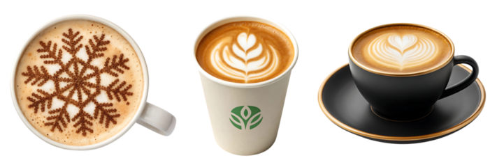 Coffee drinks with latte art and snowflake design cappuccino