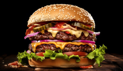 Mouthwatering double cheeseburger with onions, pickles, lettuce and tomatoes on a wooden table craving indulgence