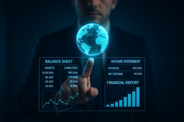Businessman interacting with a futuristic holographic interface displaying global financial data and reports.