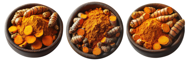 Whole and sliced turmeric root with turmeric powder in rustic wooden bowl isolated on white transparent background. Concept of freshness and health benefits
