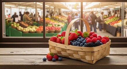 Basket of fresh berries on a wooden table at an outdoor farmers market