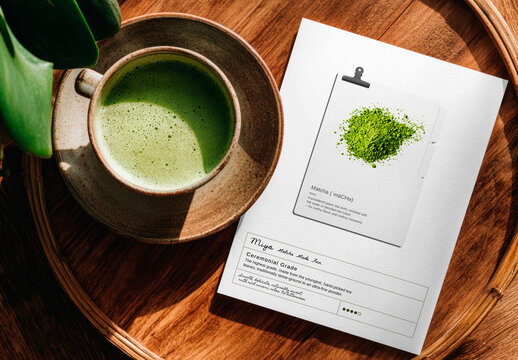 Matcha Tea With Informational Card Mockup PSD