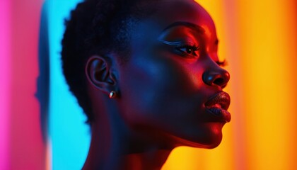 Woman profile with neon lights. Face illuminated by vibrant pink blue yellow colors. Makeup style with winged eyeliner bold lips creates stunning aesthetic.