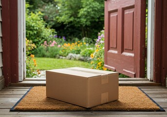 A cardboard box sits on a doormat at the entrance of a house, with an inviting garden visible in the background. The scene captures a moment of anticipation and arrival.