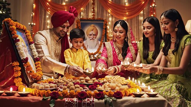 A sikh family celebrating diwali with sweets and diyas, creating a warm and festive atmosphere in their home guru nanak jayanti