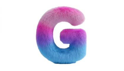 Fluffy letter g with pink purple and blue colors on transparent background, png