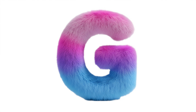 Fluffy letter g with pink purple and blue colors on transparent background, png