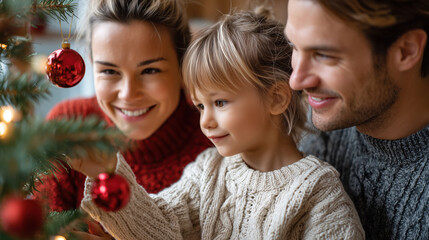 A family decorating a Christmas tree: a man, a woman, and a child gathered around the tree. The woman holds a red Christmas tree ornament, and the child reaches for it.