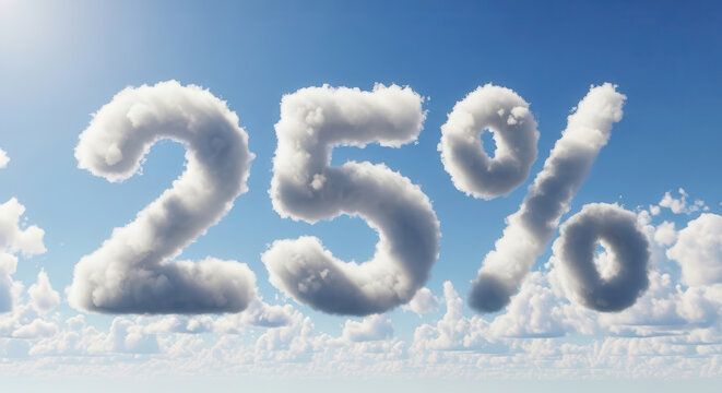 Cloud formation displaying the number twenty-five percent in a bright blue sky, surrounded by fluffy white clouds, creating a whimsical and airy atmosphere for creative projects - Powered by Adobe