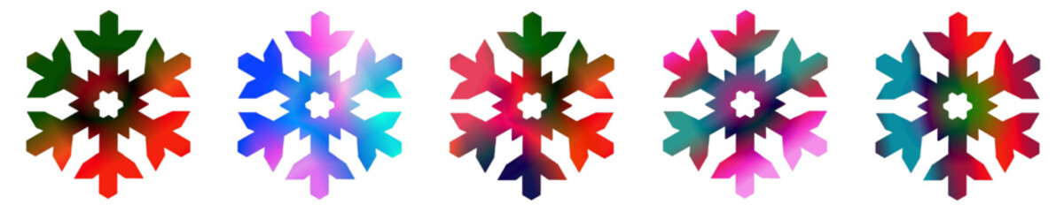 A set of five snowflakes, each with a unique gradient of colors, contrasts sharply against the transparebackground. Each snowflake has a geometric design with sharp edges and intricate details. Vector
