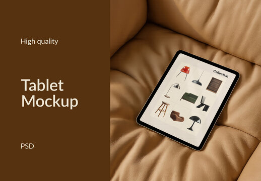 Tablet Mockup On Cozy Sofa PSD