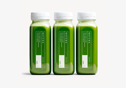 Three Green Matcha Bottles Mockup PSD