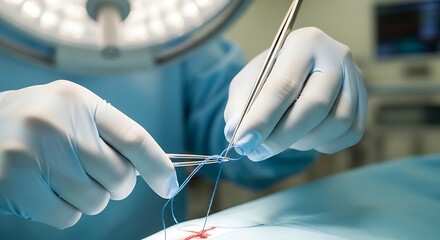 Skillful surgeon delicately sutures wound with precision in sterile operating room environment showcasing medical expertise and patient care during operation