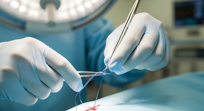 Skillful surgeon delicately sutures wound with precision in sterile operating room environment showcasing medical expertise and patient care during operation