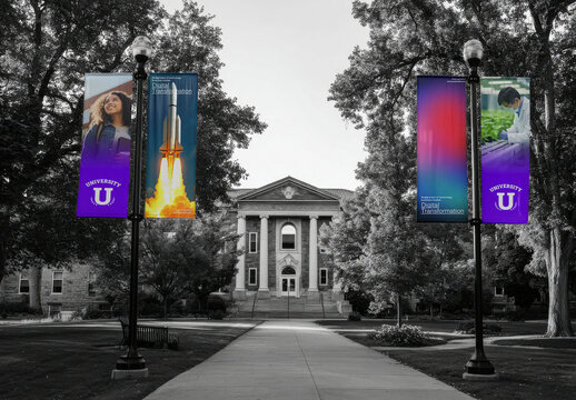 University Campus With Colorful Banners Mockup PSD 