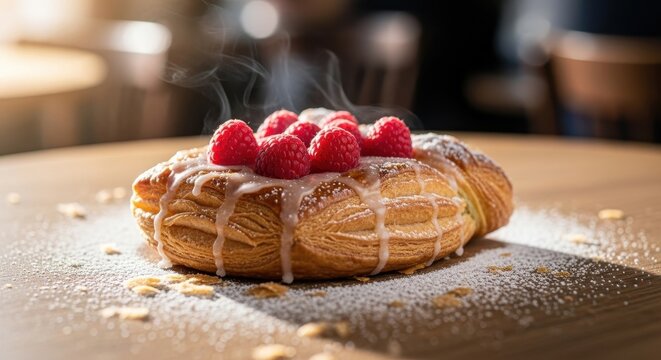 Freshly baked danish pastry topped with raspberries and icing closeup