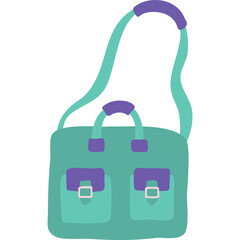 Teal and Purple Handbag with Two Front Pockets and Adjustable Shoulder Strap Isolated on White Background