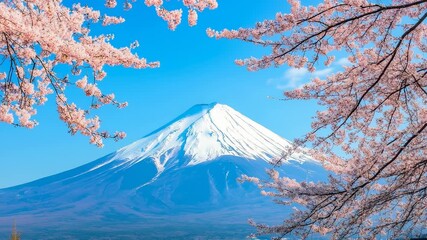Snowy mountain framed by pink cherry blossoms under clear blue sky in beautiful spring landscape