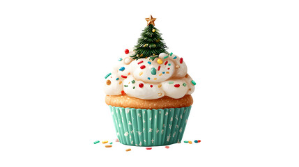 christmas cupcake with christmas tree decoration isolated on white background