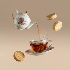 levitating tea party with teapot pouring tea into cup and floating biscuits surreal food photography